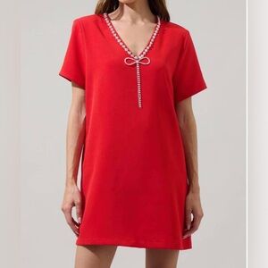 Sugarlips Stazie Shift Mini V Neck Dress Rhinestone Bow Trim Red Cocktail Party